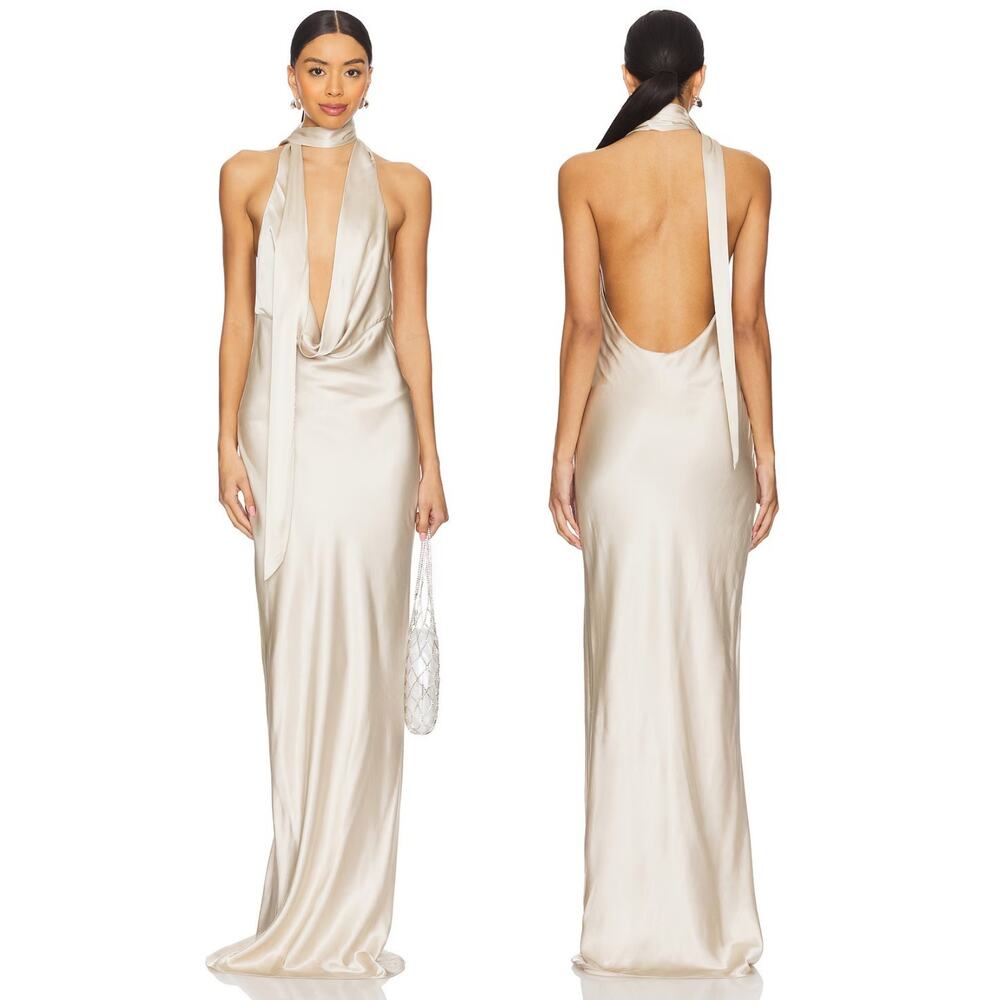 NBD Naila Gown Maxi Halter Neck Satin Party Formal Evening Bridal Gala Prom S